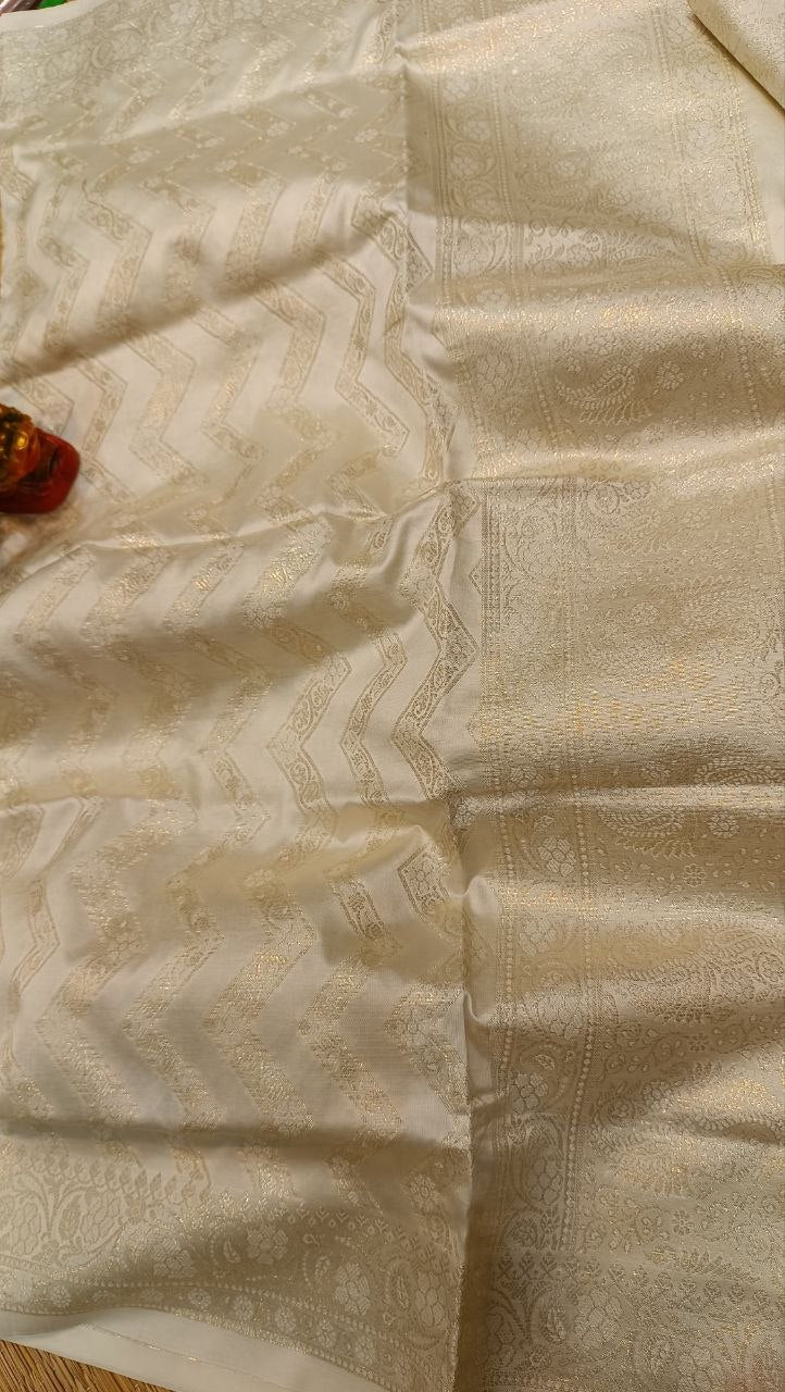 Ivory Banarasi Silk Suit Fabric with All Over Zari Work | 3 Pcs Unstitched Set