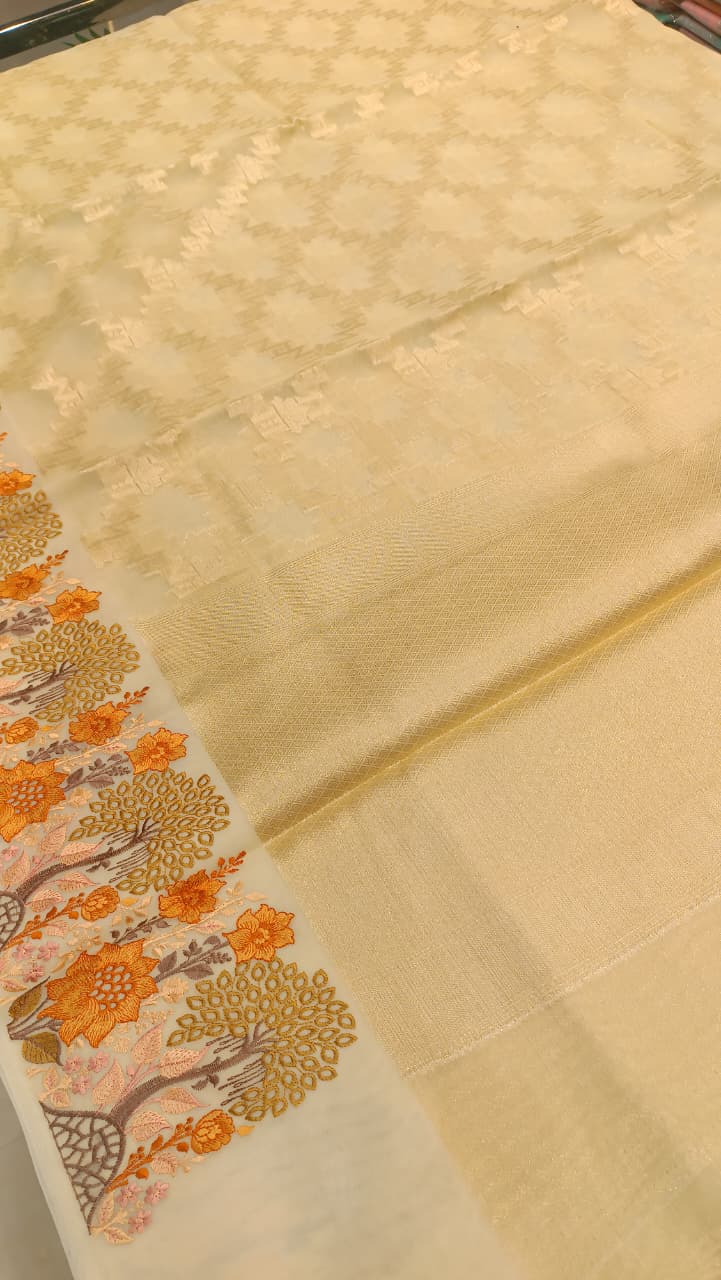 Cream Kota Tissue Saree with Embroidery Border | Buy Online — Manglam Banaras, Varanasi