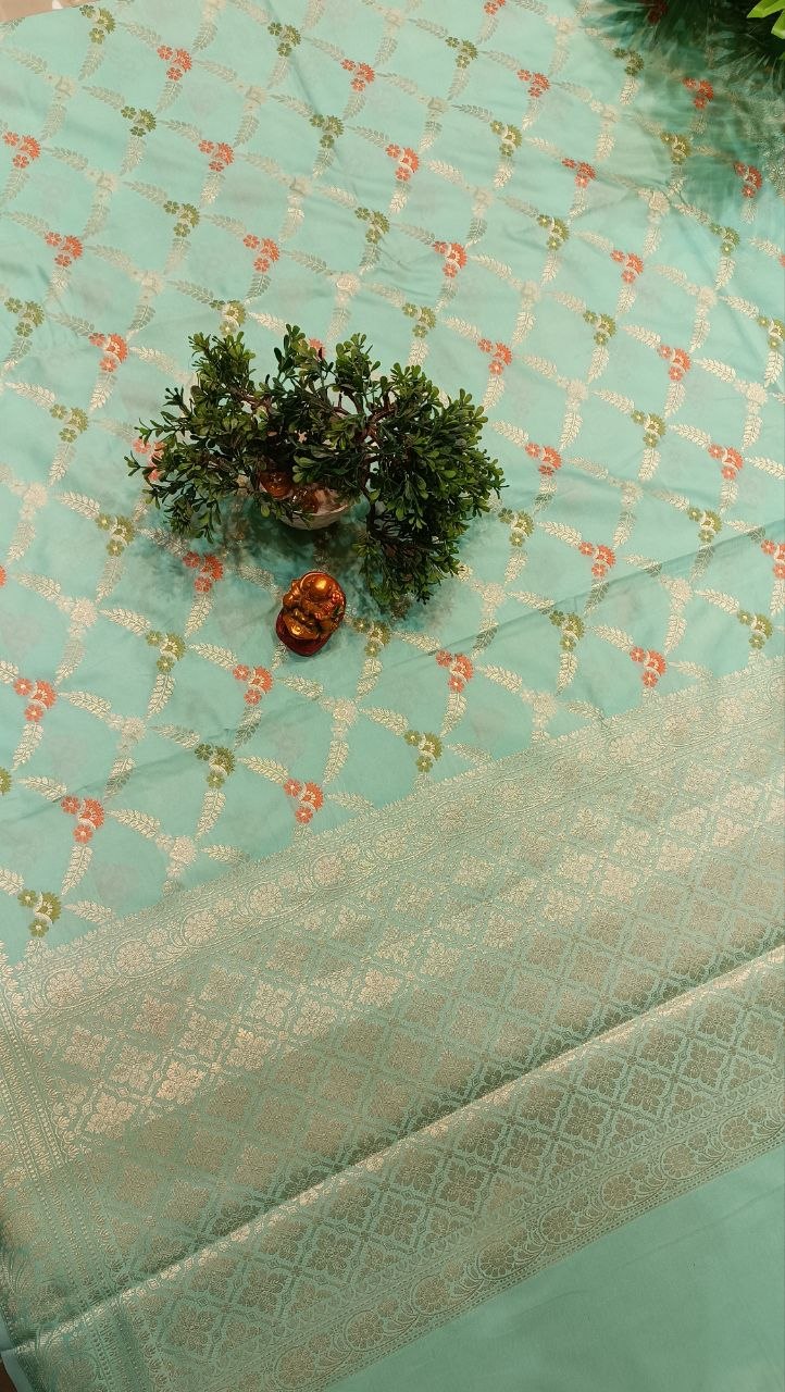 Mint Green Diamond Checks Floral Booti Silk Saree | Manglam Banaras