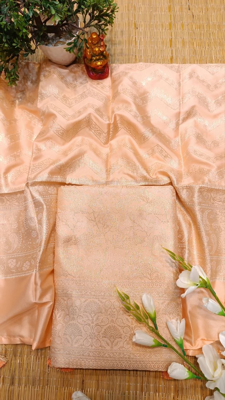 Golden Peach Banarasi Silk Suit Fabric with All Over Zari Work | 3 Pcs Unstitched Set