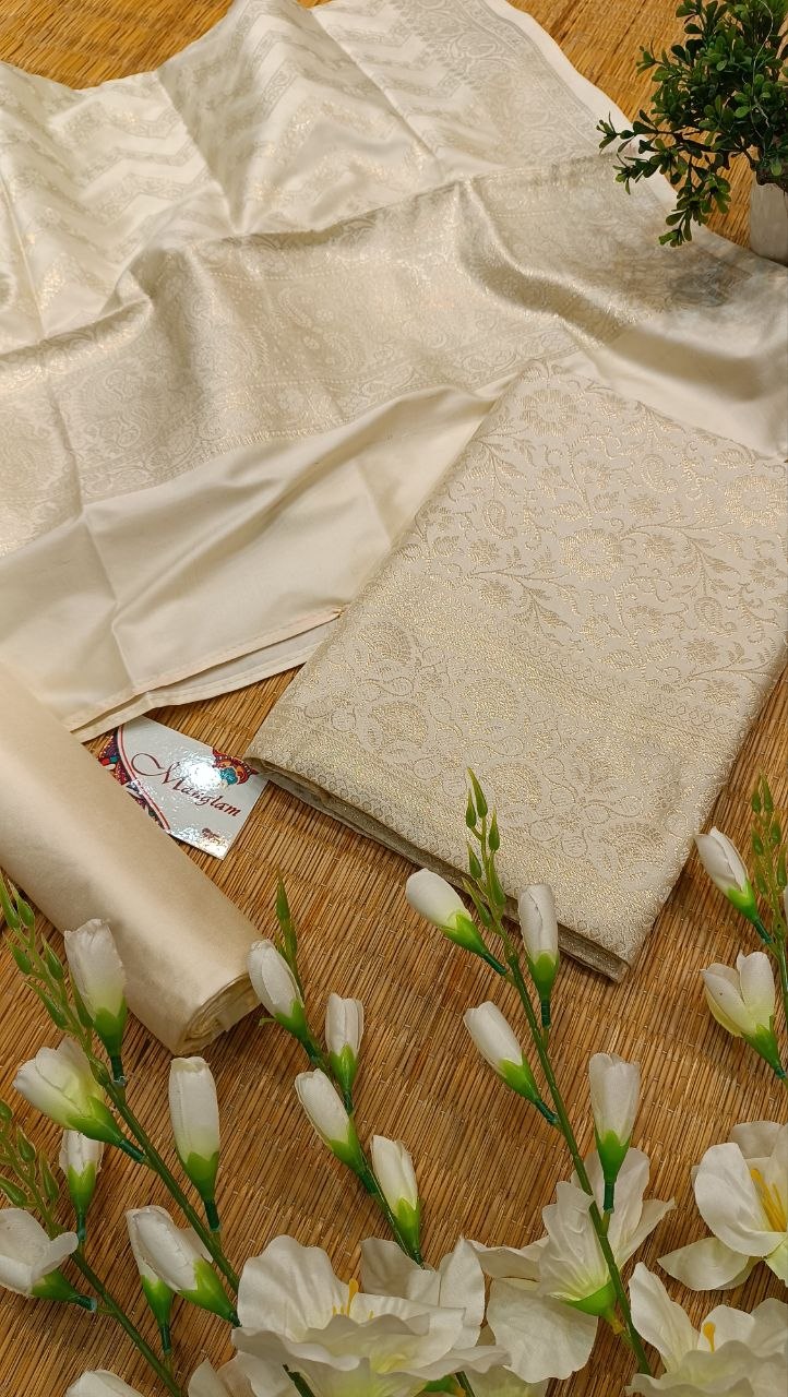 Cream Banarasi Silk Suit Fabric with All Over Zari Work | 3 Pcs Unstitched Set