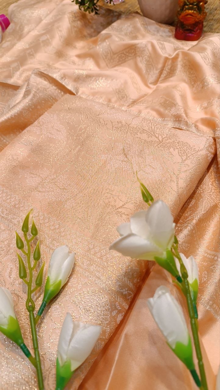 Golden Peach Banarasi Silk Suit Fabric with All Over Zari Work | 3 Pcs Unstitched Set