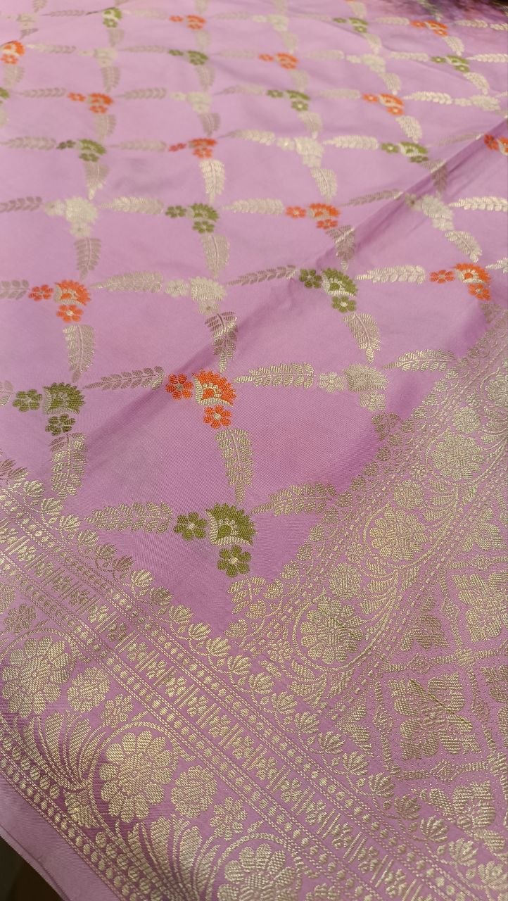 Baby Pink Floral Booti Silk Saree | Manglam Banaras Varanasi