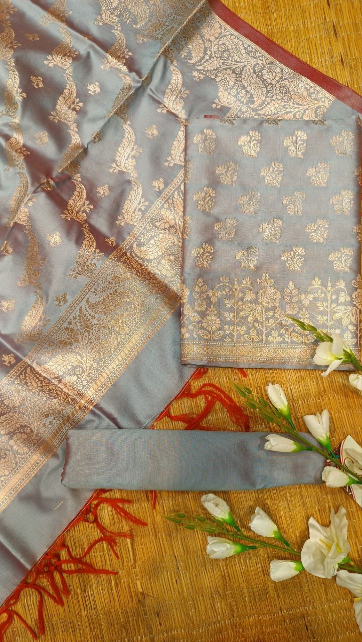 Steel Blue Banarasi Silk Suit Fabric with All Over Zari Work | 3 Pcs Unstitched Set