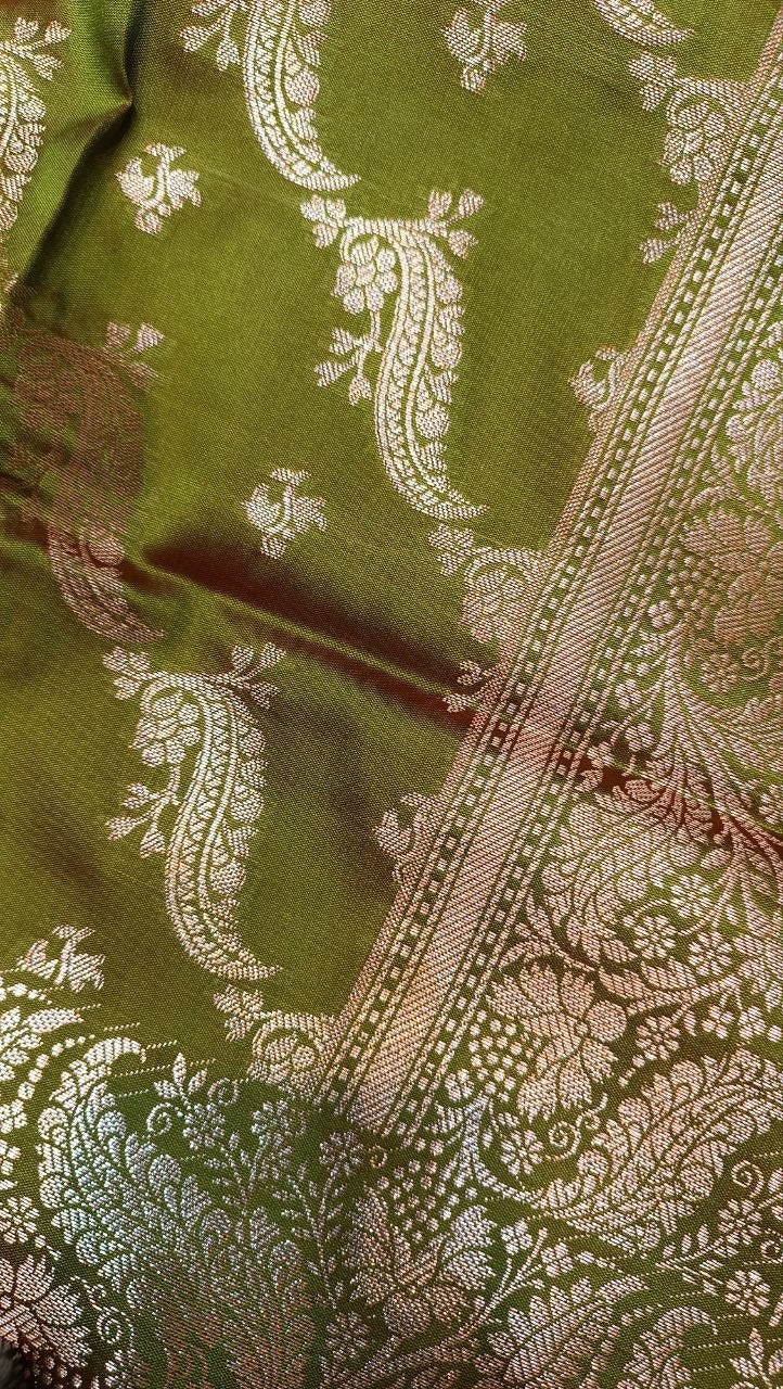 Olive Green Banarasi Silk Aarohi Suit Fabric with Zari Work | 3 Pcs Unstitched Set