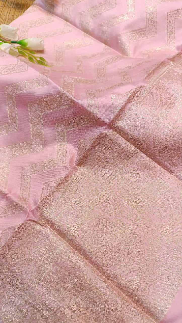 Baby Pink Banarasi Silk Suit Fabric with All Over Zari Work | 3 Pcs Unstitched Set