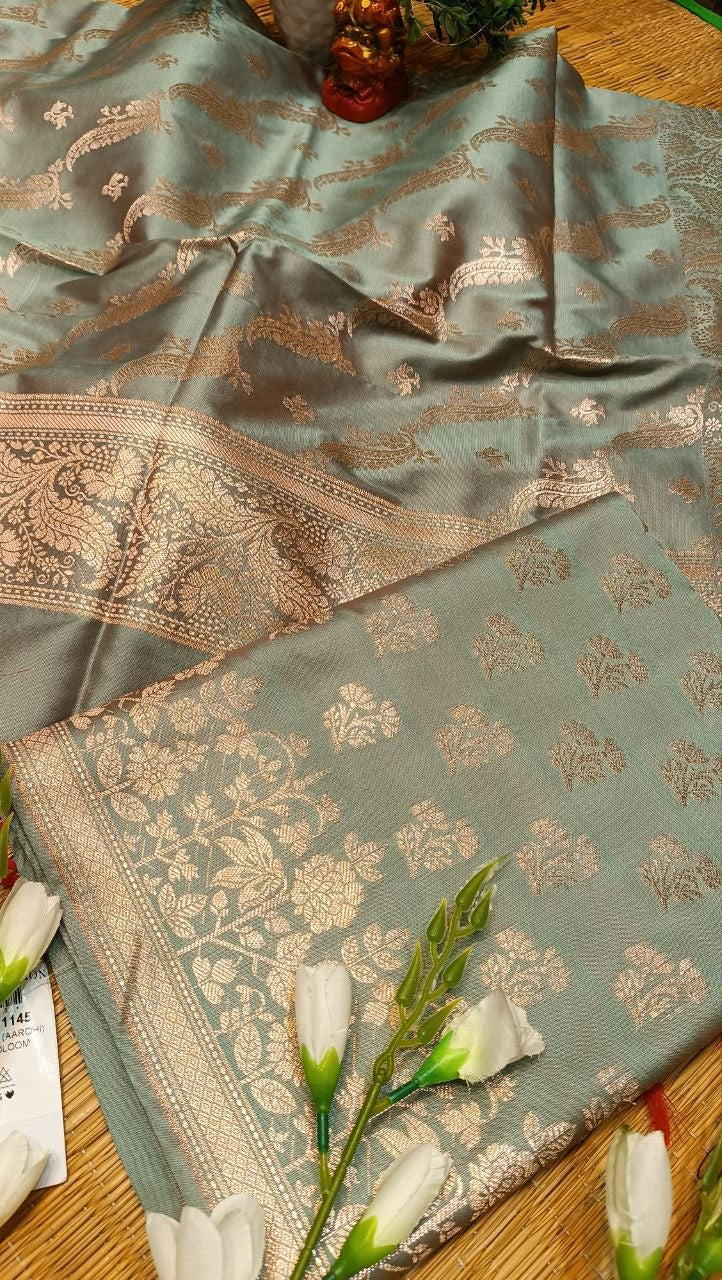 Sage Green Banarasi Silk Suit Fabric with All Over Zari Booti | 3 Pcs Unstitched Set