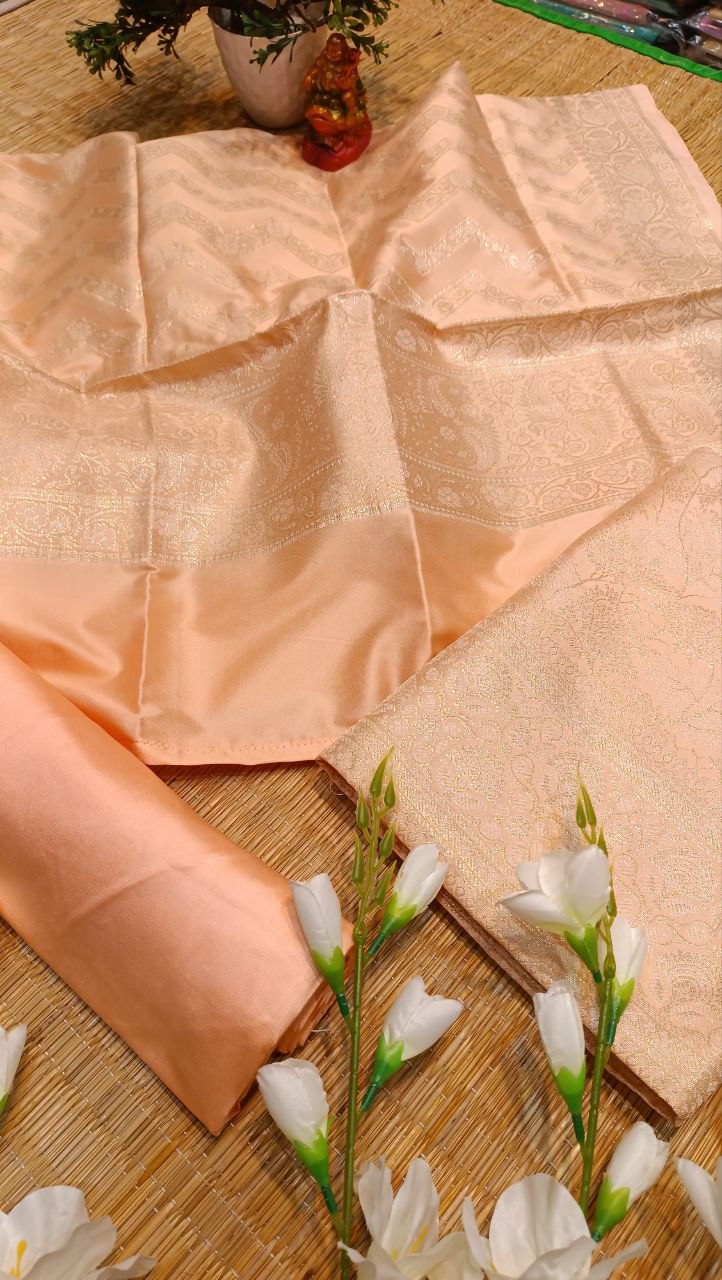 Golden Peach Banarasi Silk Suit Fabric with All Over Zari Work | 3 Pcs Unstitched Set