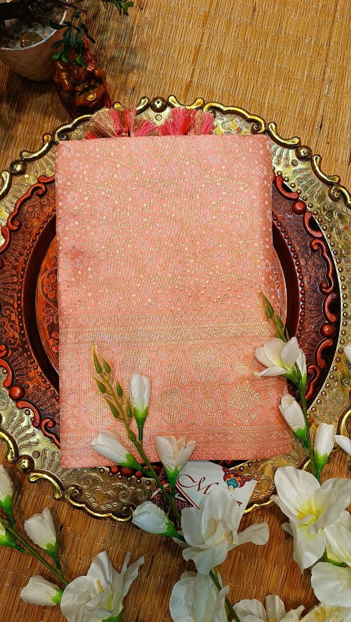 Pink Banarasi Silk Suit Fabric with All Over Zari Work | 3 Pcs Unstitched Set