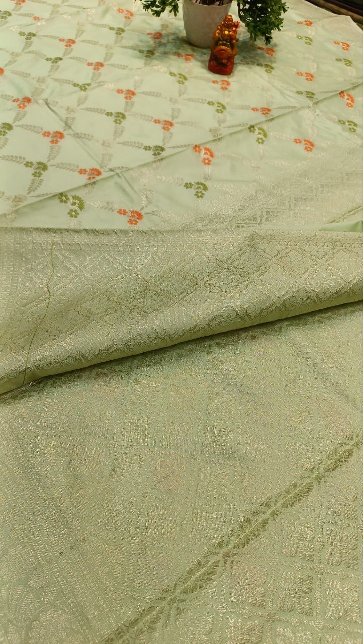 Mint Green Floral Booti Silk Saree | Manglam Banaras