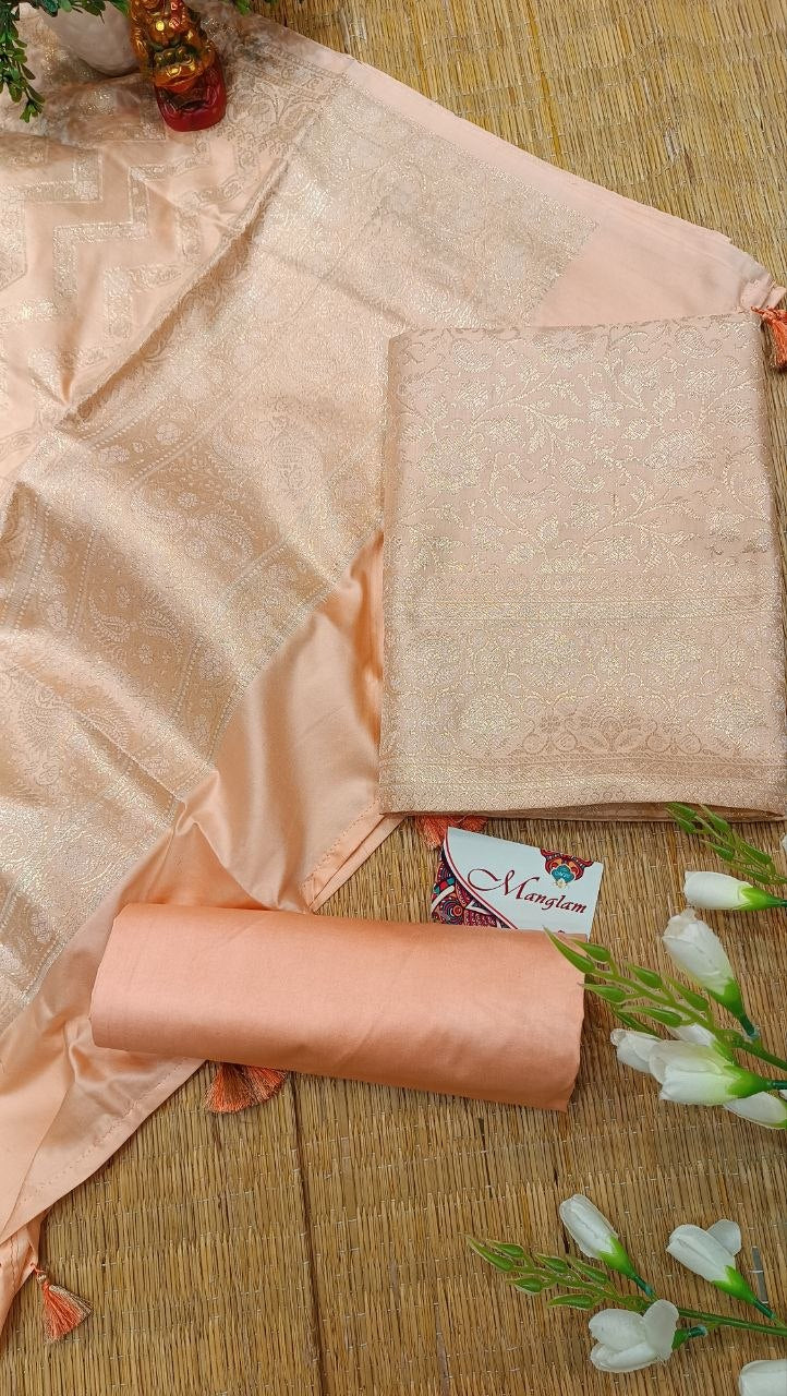 Peach Banarasi Silk Suit Fabric with All Over Zari Work | 3 Pcs Unstitched Set