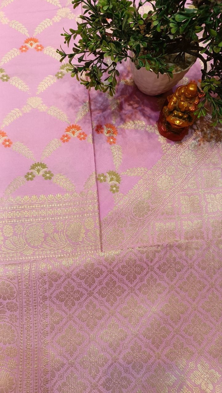 Baby Pink Floral Booti Silk Saree | Manglam Banaras Varanasi