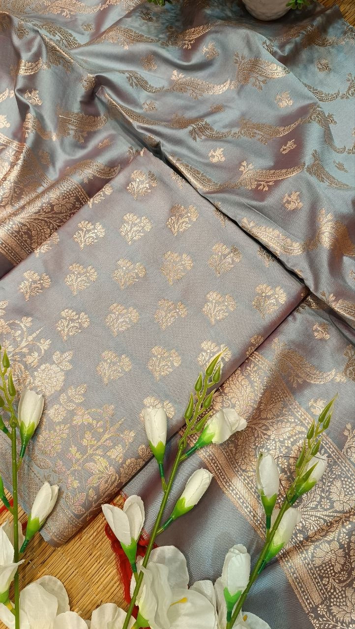Steel Blue Banarasi Silk Suit Fabric with All Over Zari Work | 3 Pcs Unstitched Set