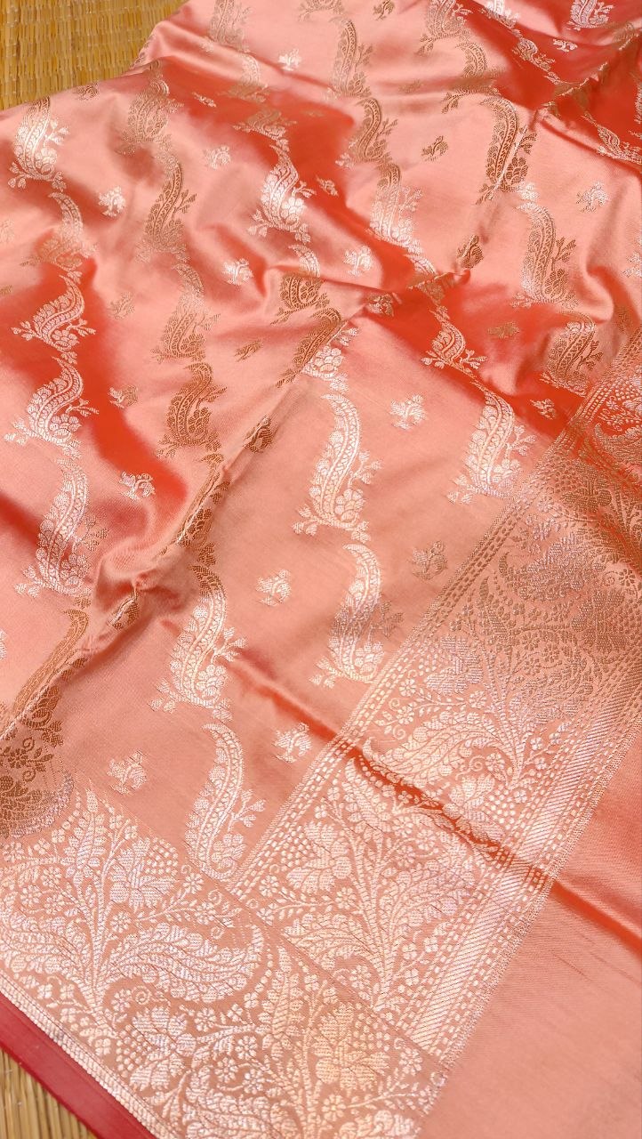 Salmon Pink Banarasi Silk Suit Fabric with All Over Zari Work | 3 Pcs Unstitched Set