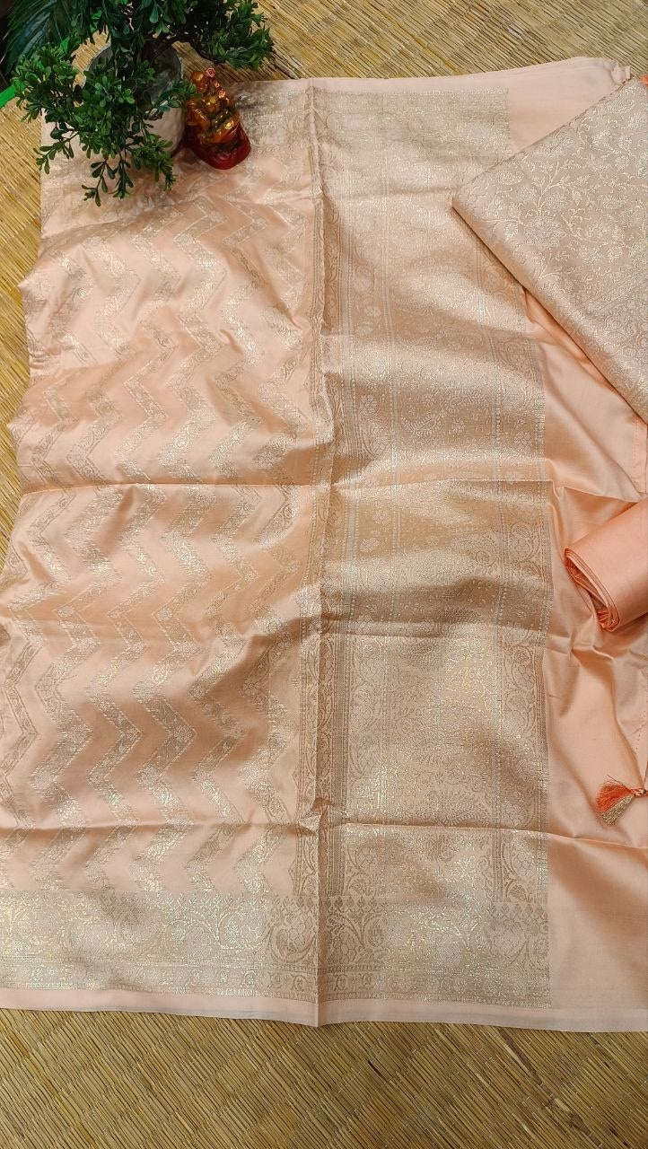 Peach Banarasi Silk Suit Fabric with All Over Zari Work | 3 Pcs Unstitched Set