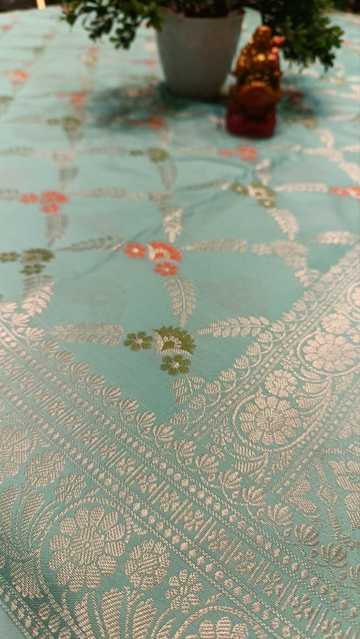 Mint Green Diamond Checks Floral Booti Silk Saree | Manglam Banaras