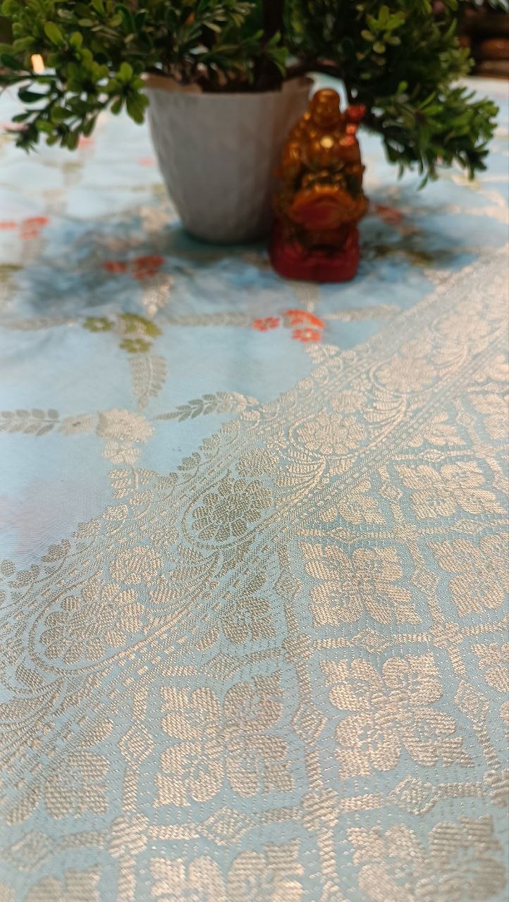 Sky Blue Floral Booti Silk Saree | Manglam Banaras