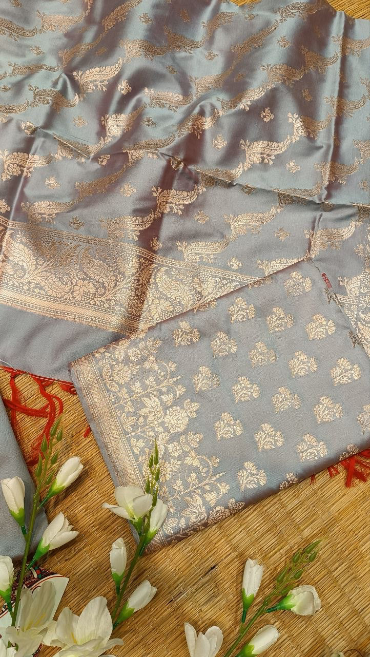 Steel Blue Banarasi Silk Suit Fabric with All Over Zari Work | 3 Pcs Unstitched Set