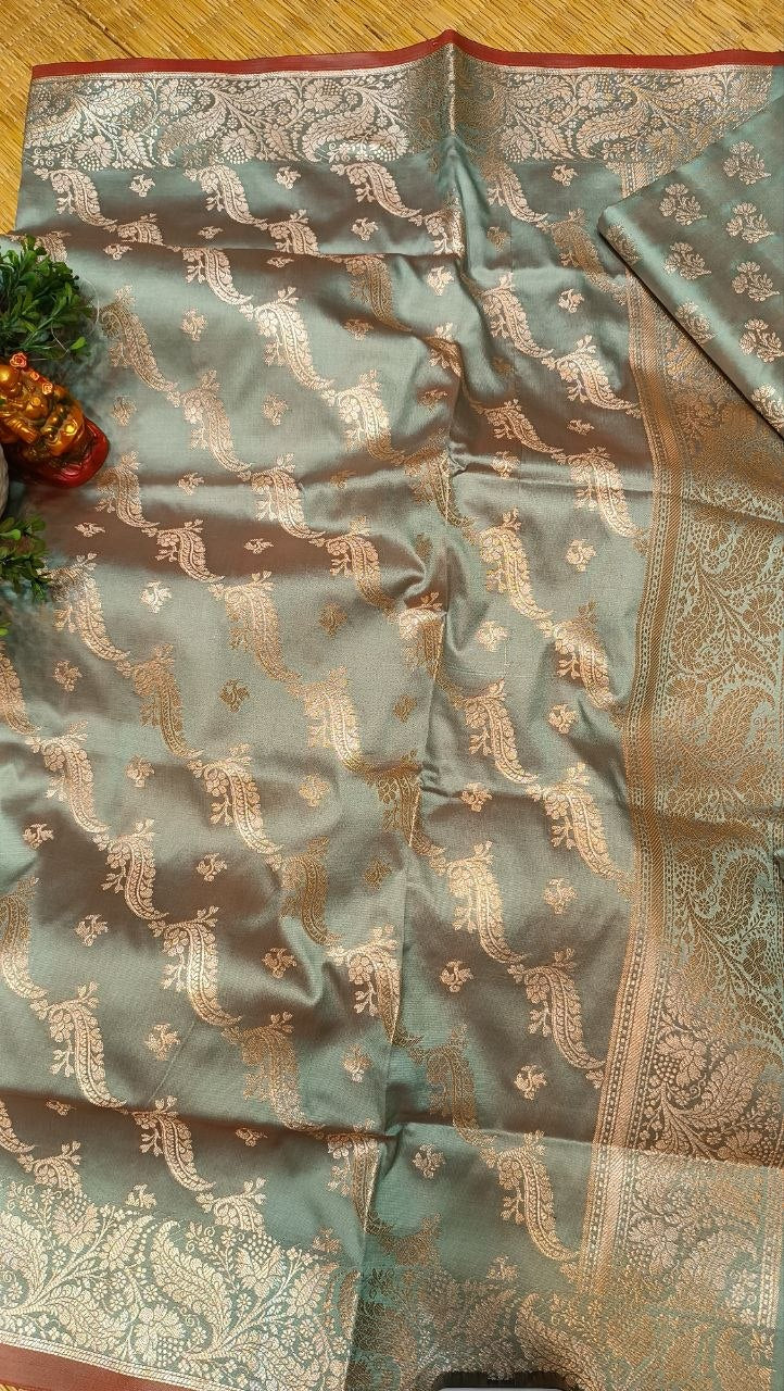 Sage Green Banarasi Silk Suit Fabric with All Over Zari Booti | 3 Pcs Unstitched Set