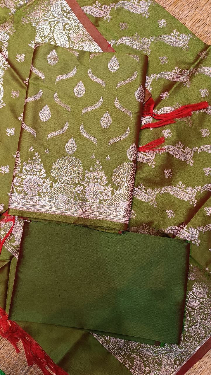 Olive Green Banarasi Silk Aarohi Suit Fabric with Zari Work | 3 Pcs Unstitched Set