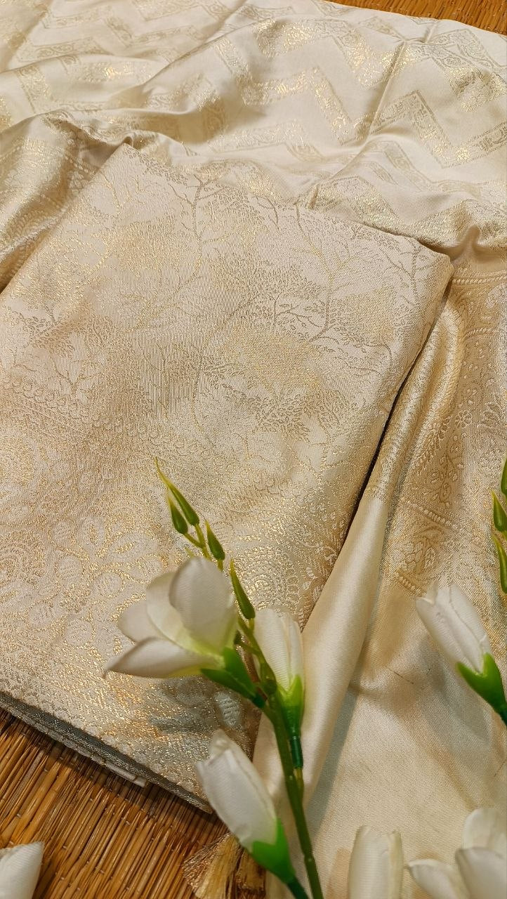 Ivory Banarasi Silk Suit Fabric with All Over Zari Work | 3 Pcs Unstitched Set