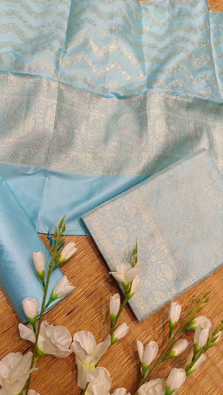 Sky Blue Banarasi Silk Suit Fabric with All Over Zari Work | 3 Pcs Unstitched Set