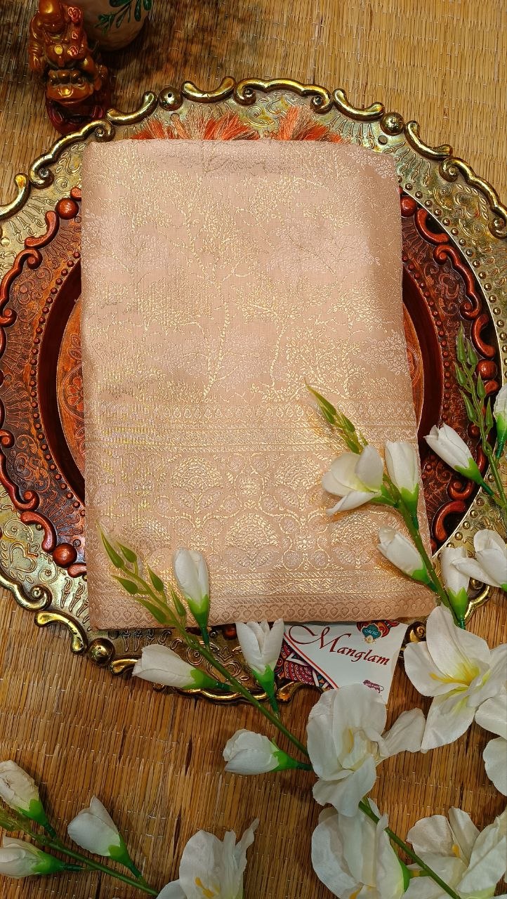 Golden Peach Banarasi Silk Suit Fabric with All Over Zari Work | 3 Pcs Unstitched Set