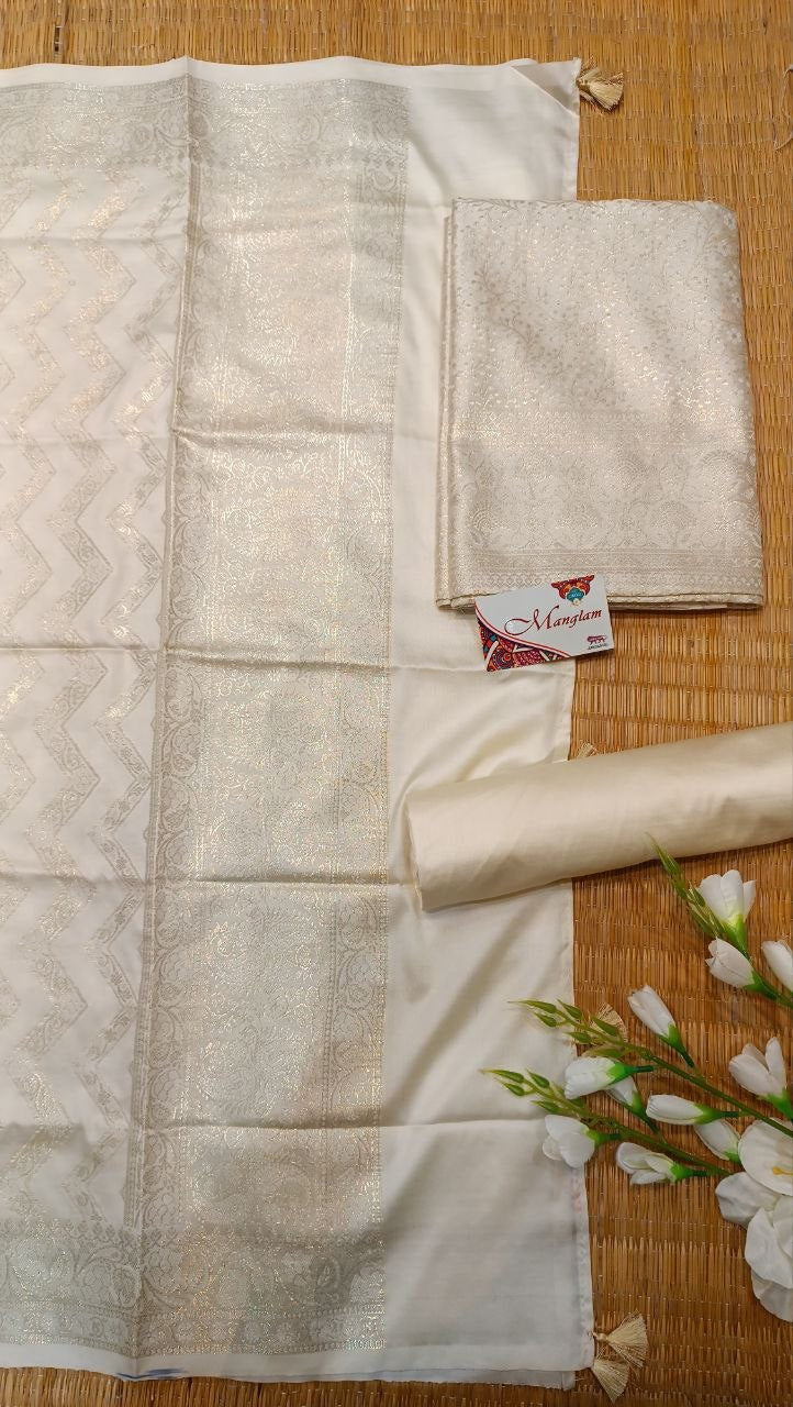 Cream Banarasi Silk Suit Fabric with All Over Zari Work | 3 Pcs Unstitched Set