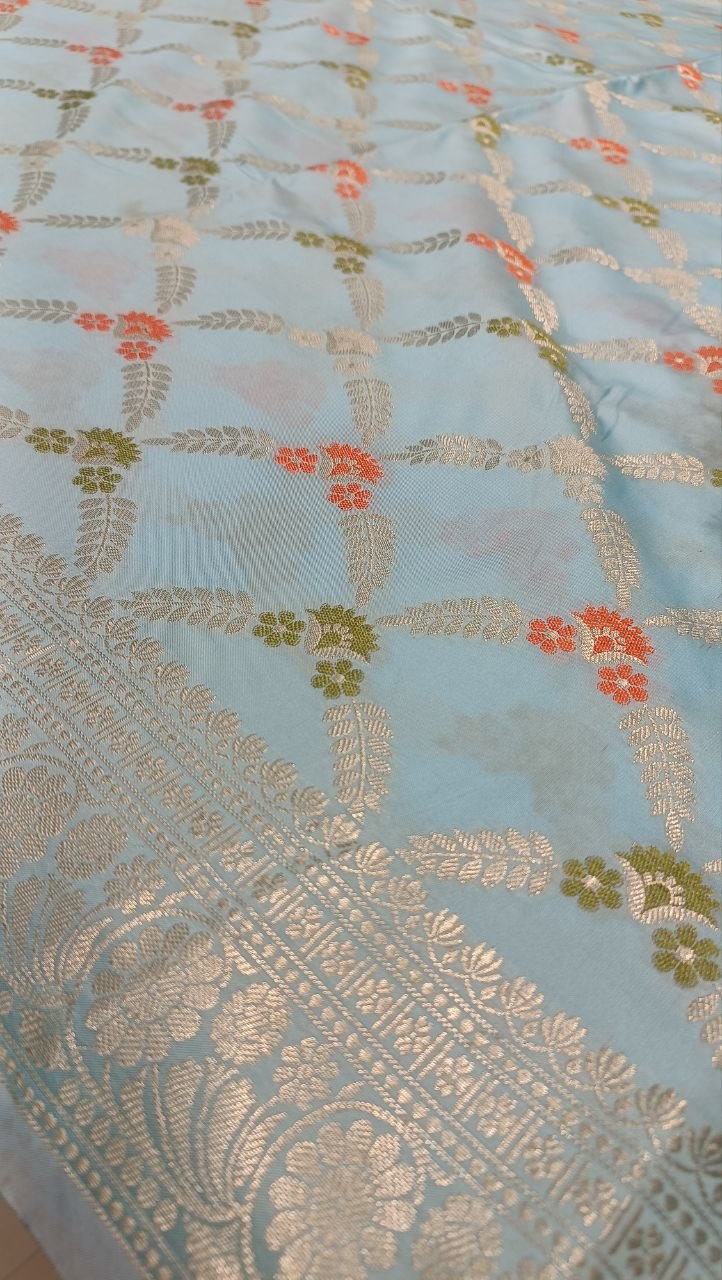 Sky Blue Floral Booti Silk Saree | Manglam Banaras