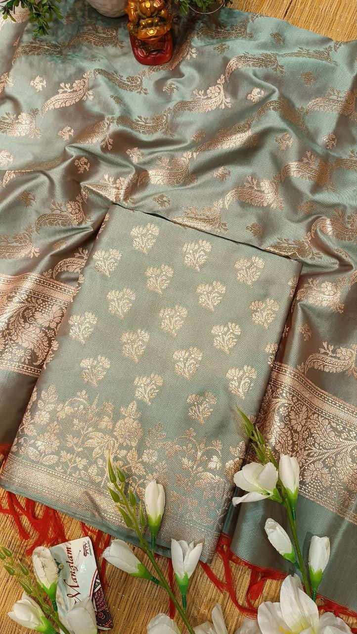 Sage Green Banarasi Silk Suit Fabric with All Over Zari Booti | 3 Pcs Unstitched Set