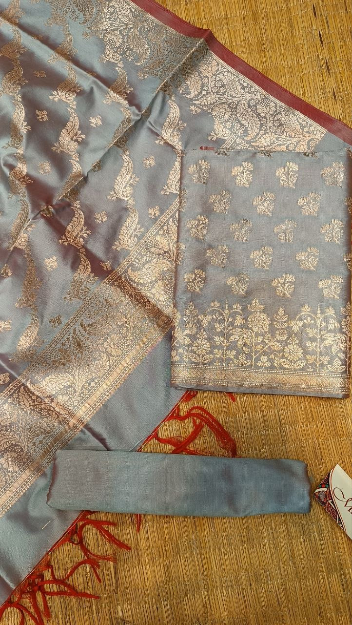Steel Blue Banarasi Silk Suit Fabric with All Over Zari Work | 3 Pcs Unstitched Set
