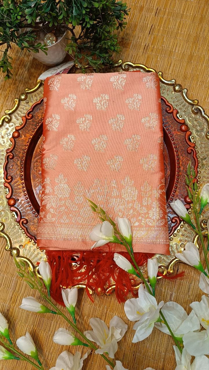 Salmon Pink Banarasi Silk Suit Fabric with All Over Zari Work | 3 Pcs Unstitched Set