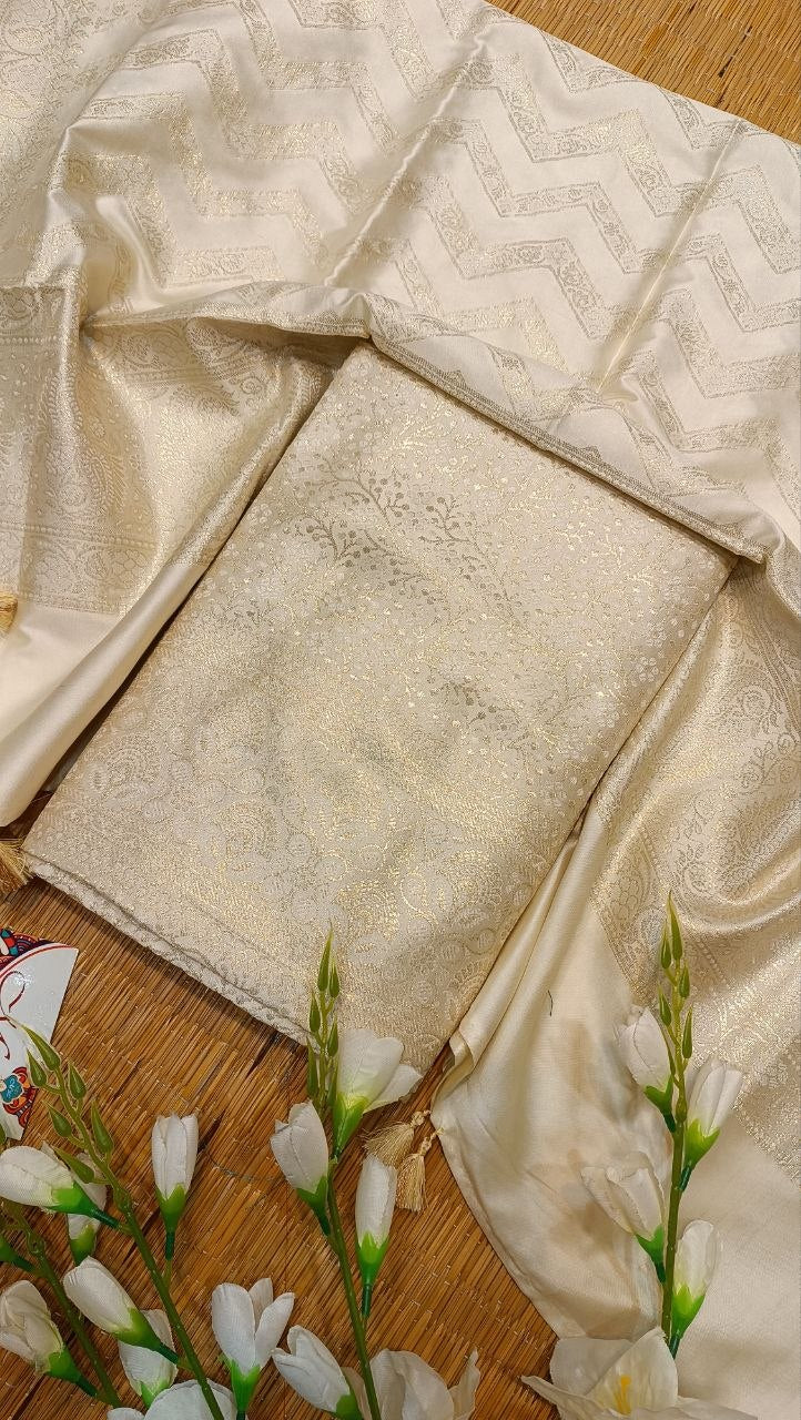 Cream Banarasi Silk Suit Fabric with All Over Zari Work | 3 Pcs Unstitched Set