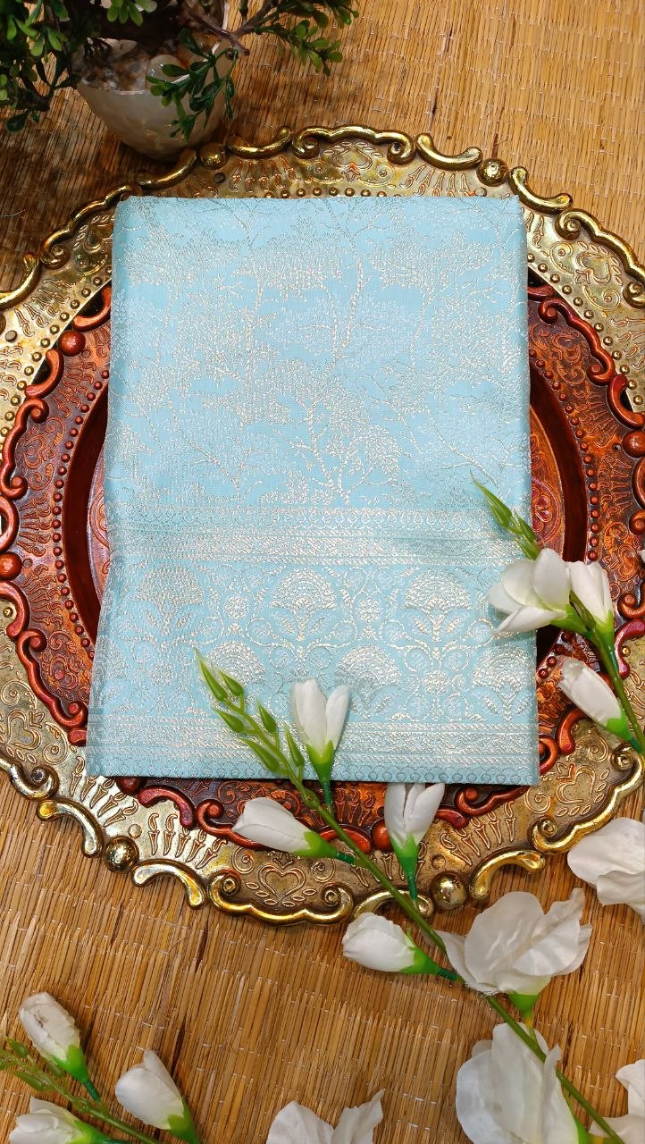Sky Blue Banarasi Silk Suit Fabric with All Over Zari Work | 3 Pcs Unstitched Set