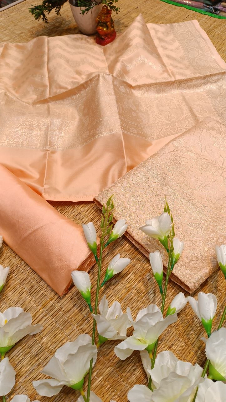 Golden Peach Banarasi Silk Suit Fabric with All Over Zari Work | 3 Pcs Unstitched Set