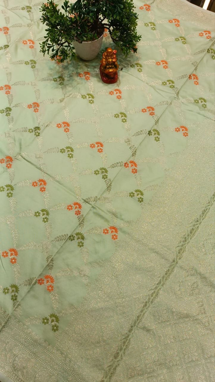 Mint Green Floral Booti Silk Saree | Manglam Banaras