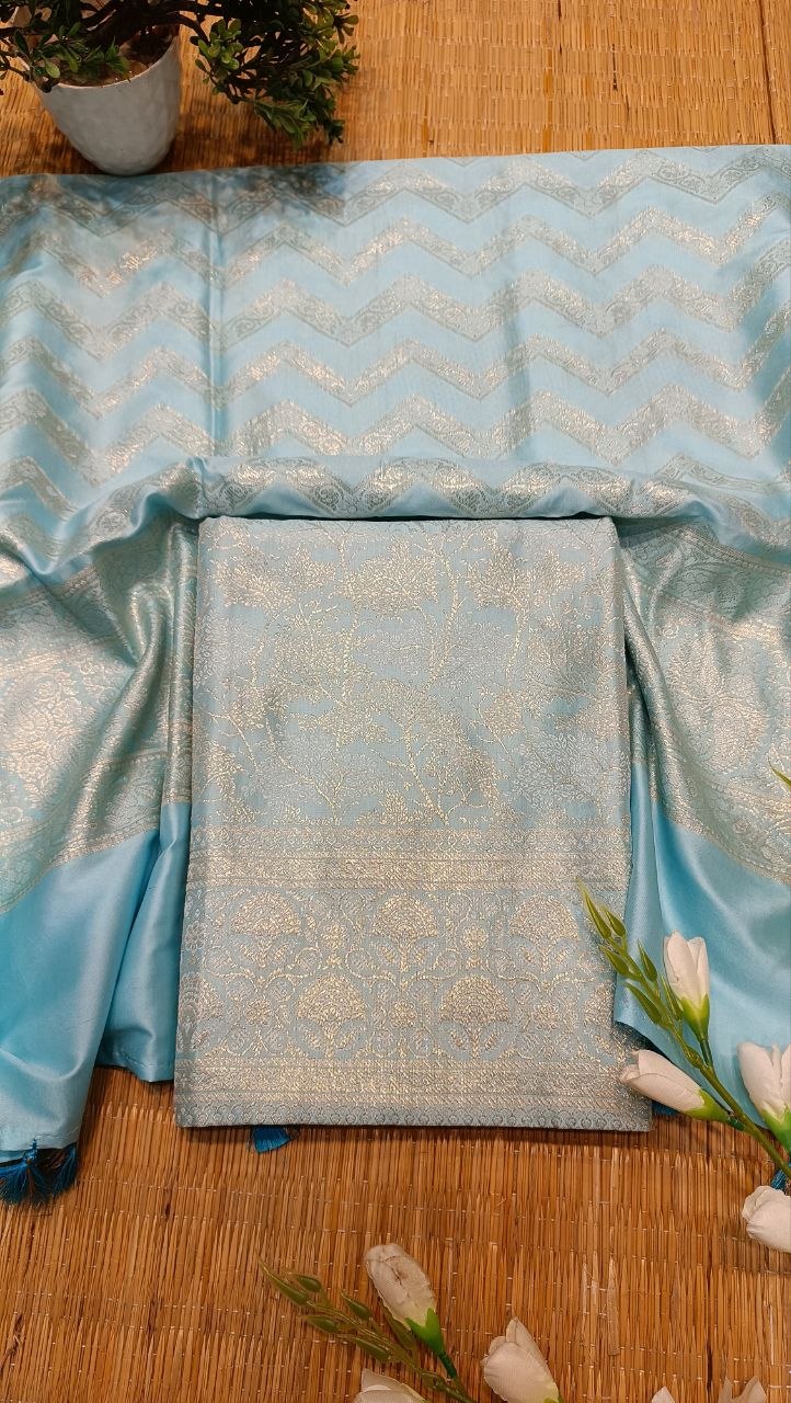 Sky Blue Banarasi Silk Suit Fabric with All Over Zari Work | 3 Pcs Unstitched Set