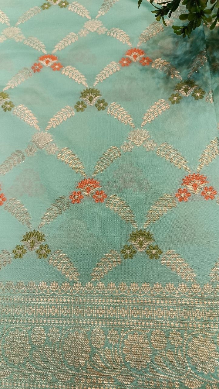 Mint Green Diamond Checks Floral Booti Silk Saree | Manglam Banaras