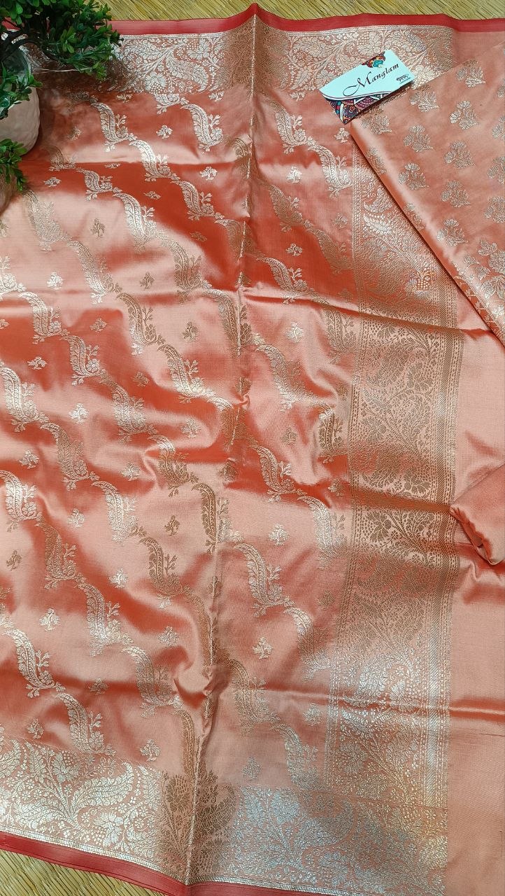 Salmon Pink Banarasi Silk Suit Fabric with All Over Zari Work | 3 Pcs Unstitched Set