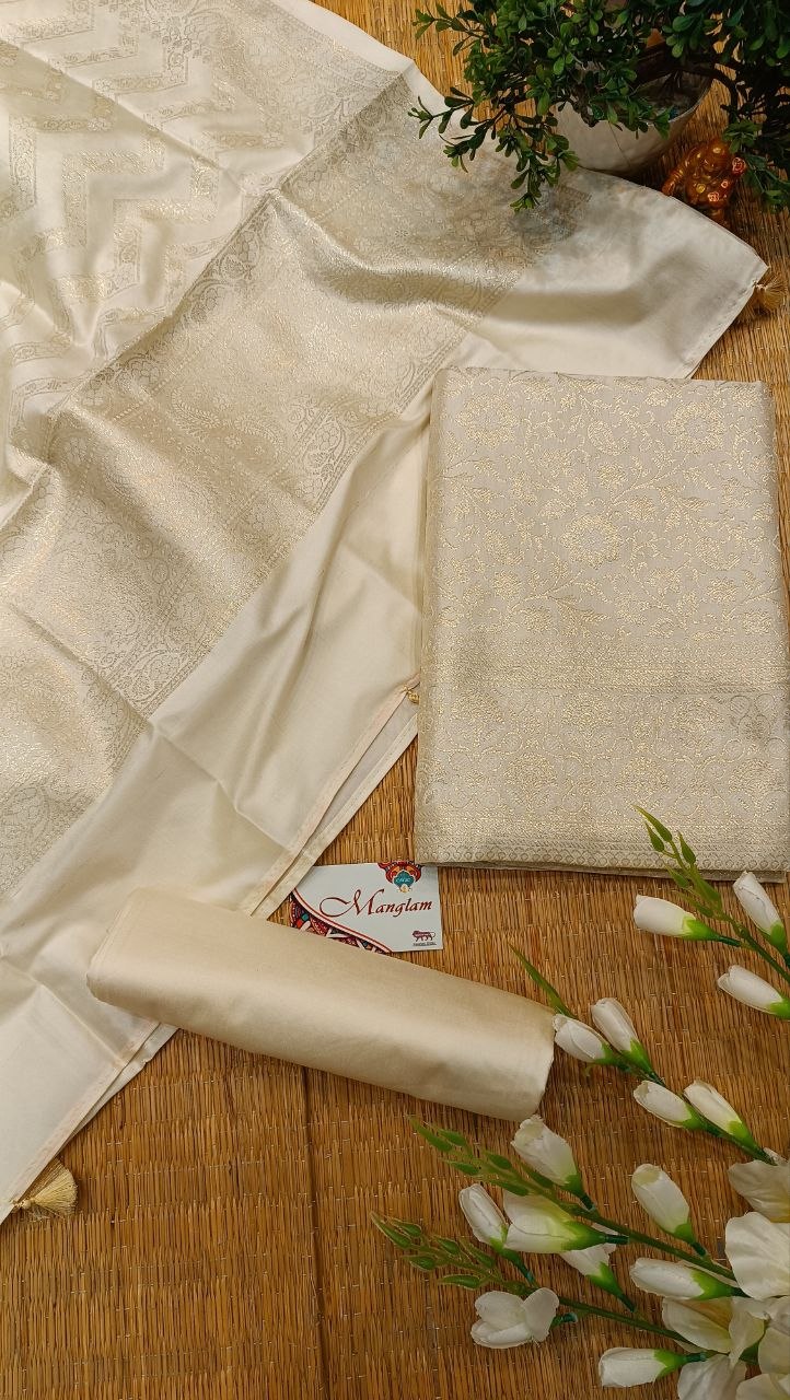Cream Banarasi Silk Suit Fabric with All Over Zari Work | 3 Pcs Unstitched Set