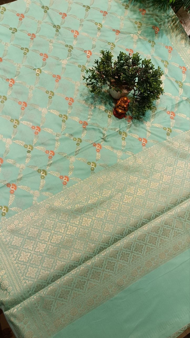 Mint Green Diamond Checks Floral Booti Silk Saree | Manglam Banaras