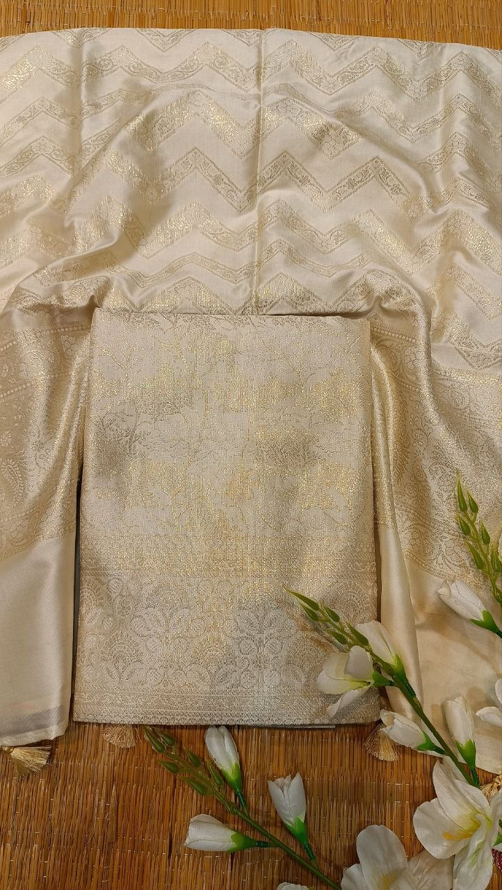 Ivory Banarasi Silk Suit Fabric with All Over Zari Work | 3 Pcs Unstitched Set
