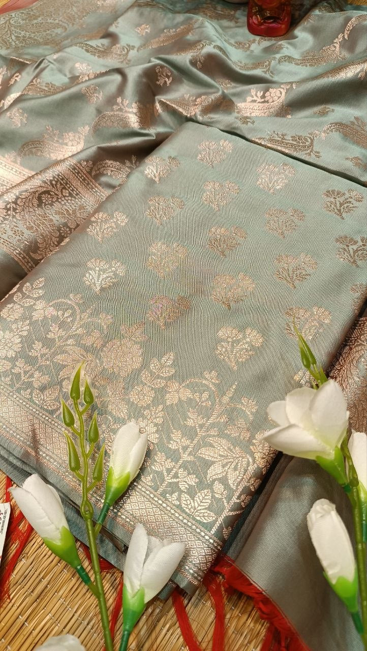 Sage Green Banarasi Silk Suit Fabric with All Over Zari Booti | 3 Pcs Unstitched Set