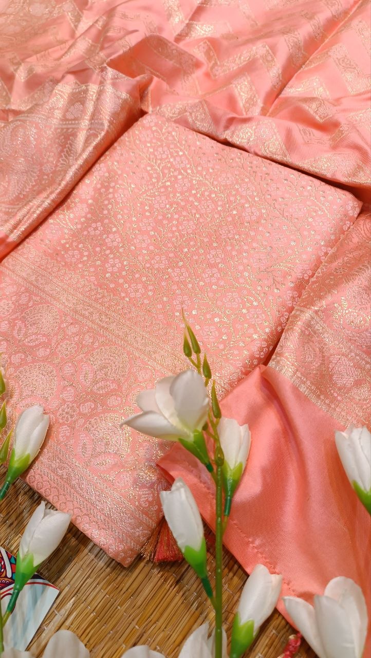 Pink Banarasi Silk Suit Fabric with All Over Zari Work | 3 Pcs Unstitched Set