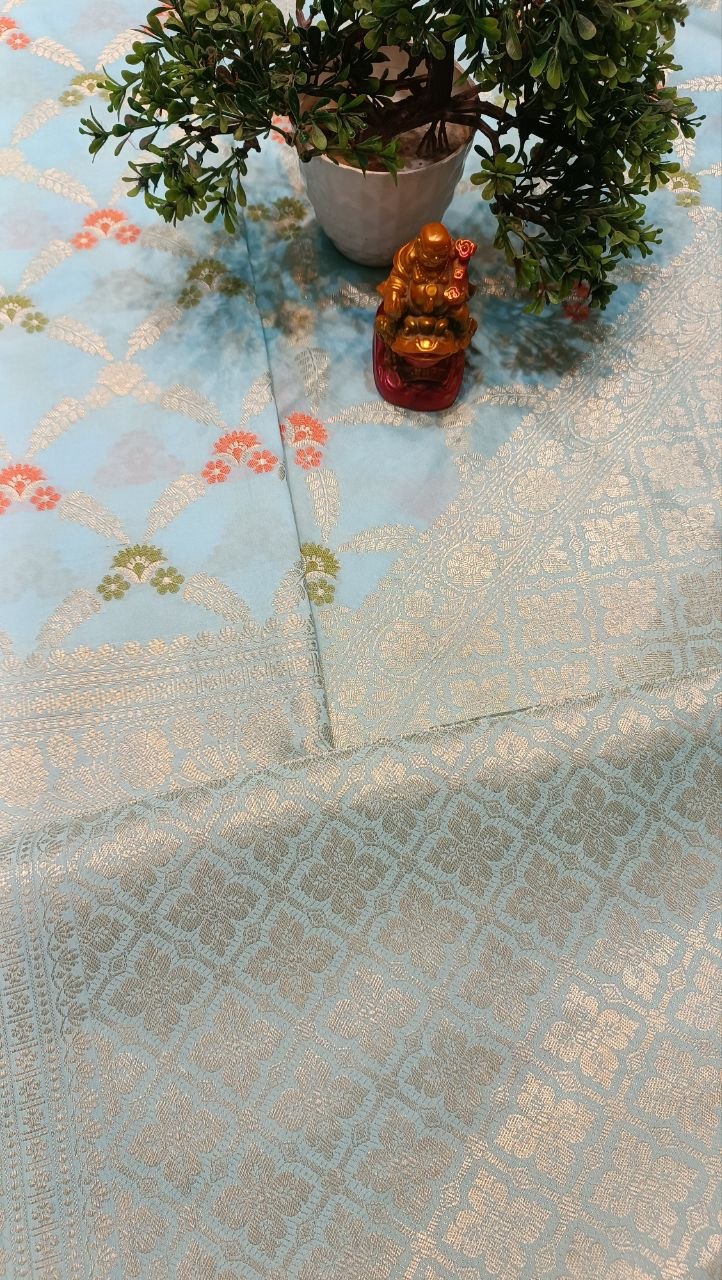 Sky Blue Floral Booti Silk Saree | Manglam Banaras