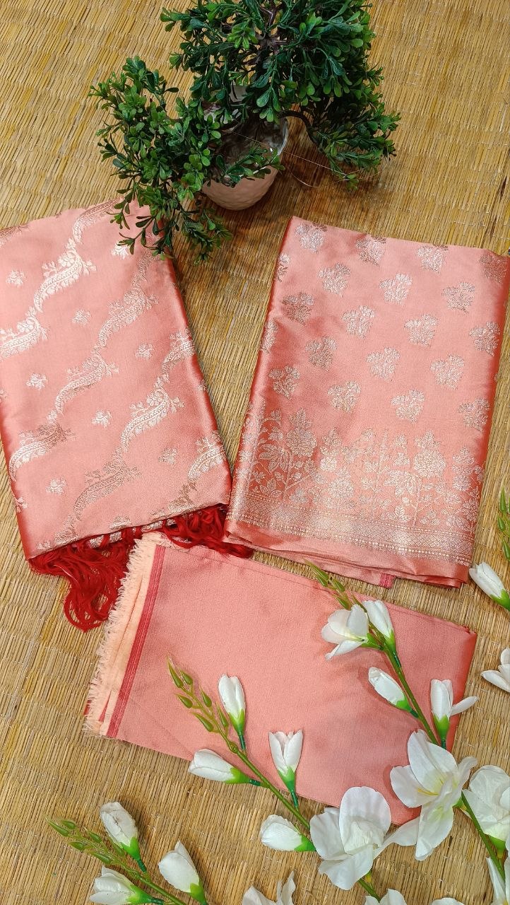 Salmon Pink Banarasi Silk Suit Fabric with All Over Zari Work | 3 Pcs Unstitched Set