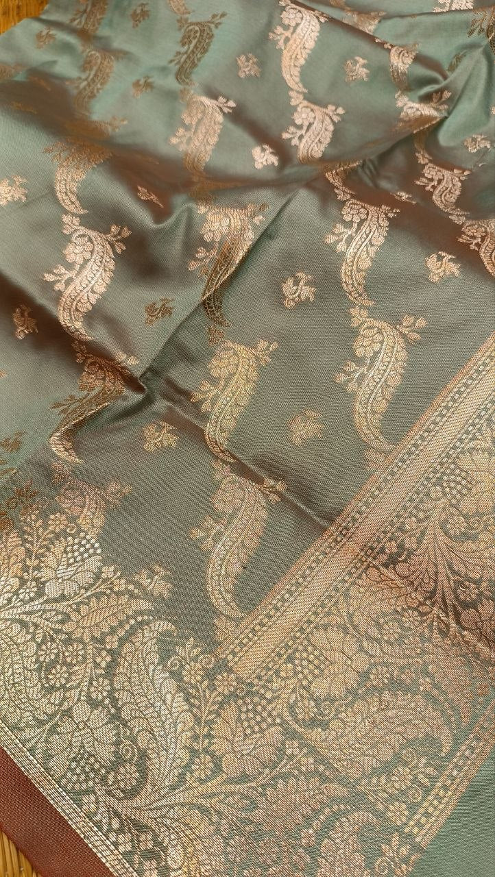 Sage Green Banarasi Silk Suit Fabric with All Over Zari Booti | 3 Pcs Unstitched Set