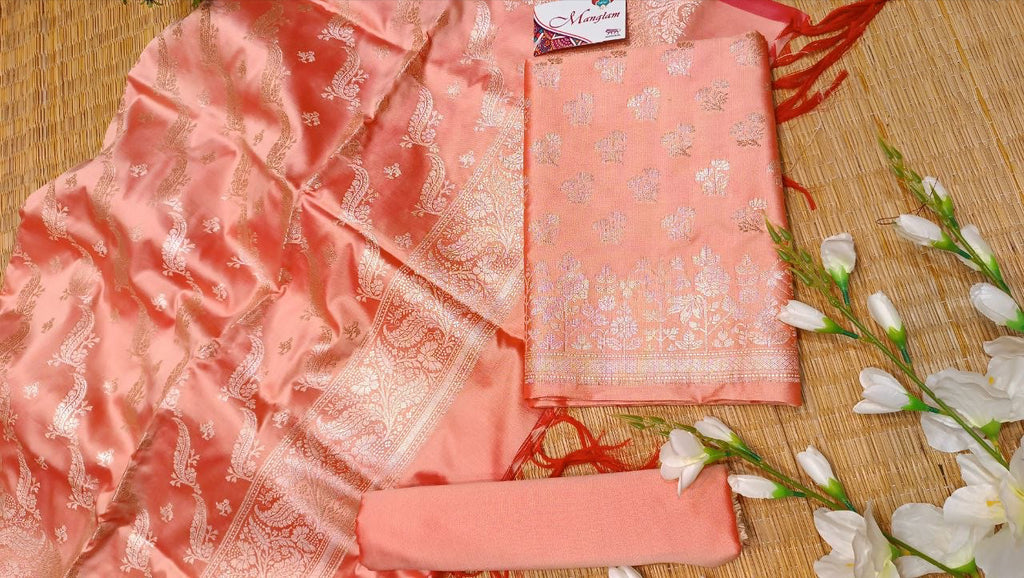 Salmon Pink Banarasi Silk Suit Fabric with All Over Zari Work | 3 Pcs Unstitched Set