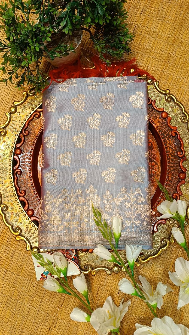 Steel Blue Banarasi Silk Suit Fabric with All Over Zari Work | 3 Pcs Unstitched Set