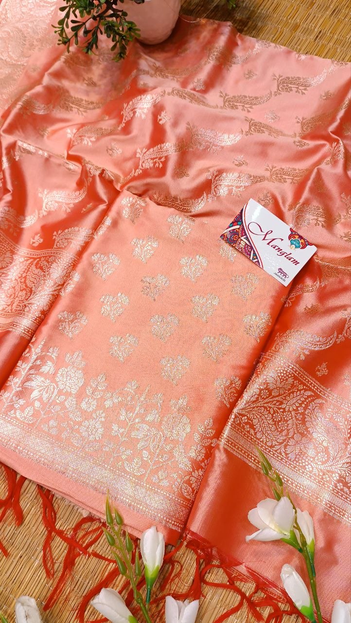 Salmon Pink Banarasi Silk Suit Fabric with All Over Zari Work | 3 Pcs Unstitched Set